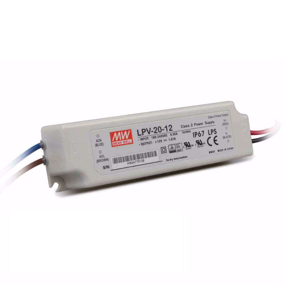 LPV-20-12 20Watt AC90～264V Input Mean Well High-efficacy Waterproof DC12V UL-Listed LED Display Lighting Power Supply